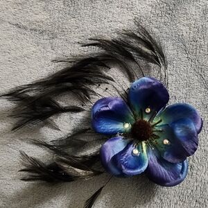 Elegant Blue Satin Floral Hair Accessory With Black Feathers & Rhinestones
